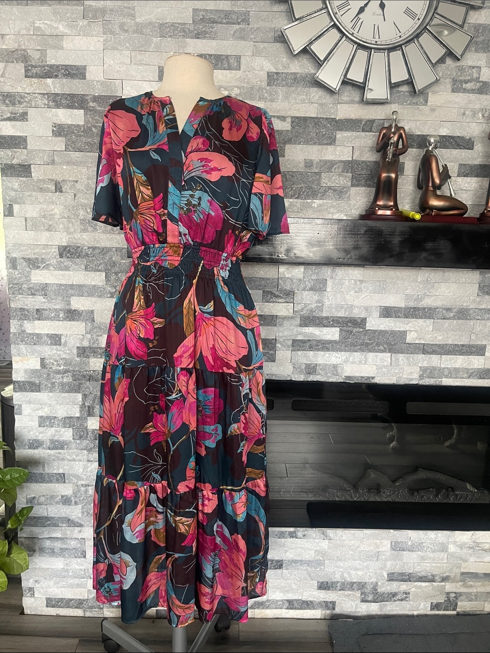 Floral Tiered Long Lined Dress in Black with Pink & Blue Blooms Size L